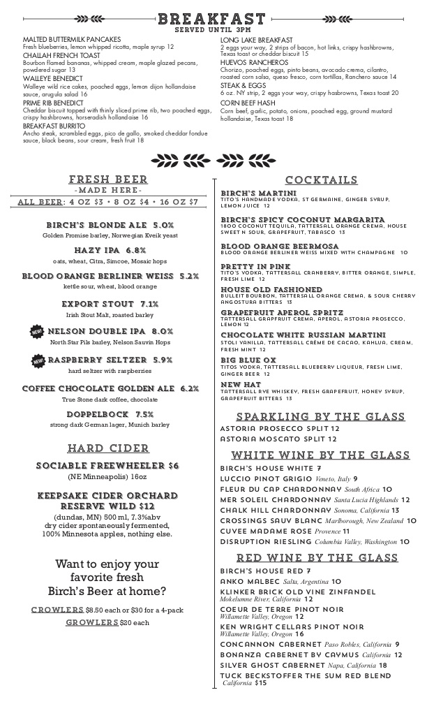 Menu | Birch's on the Lake